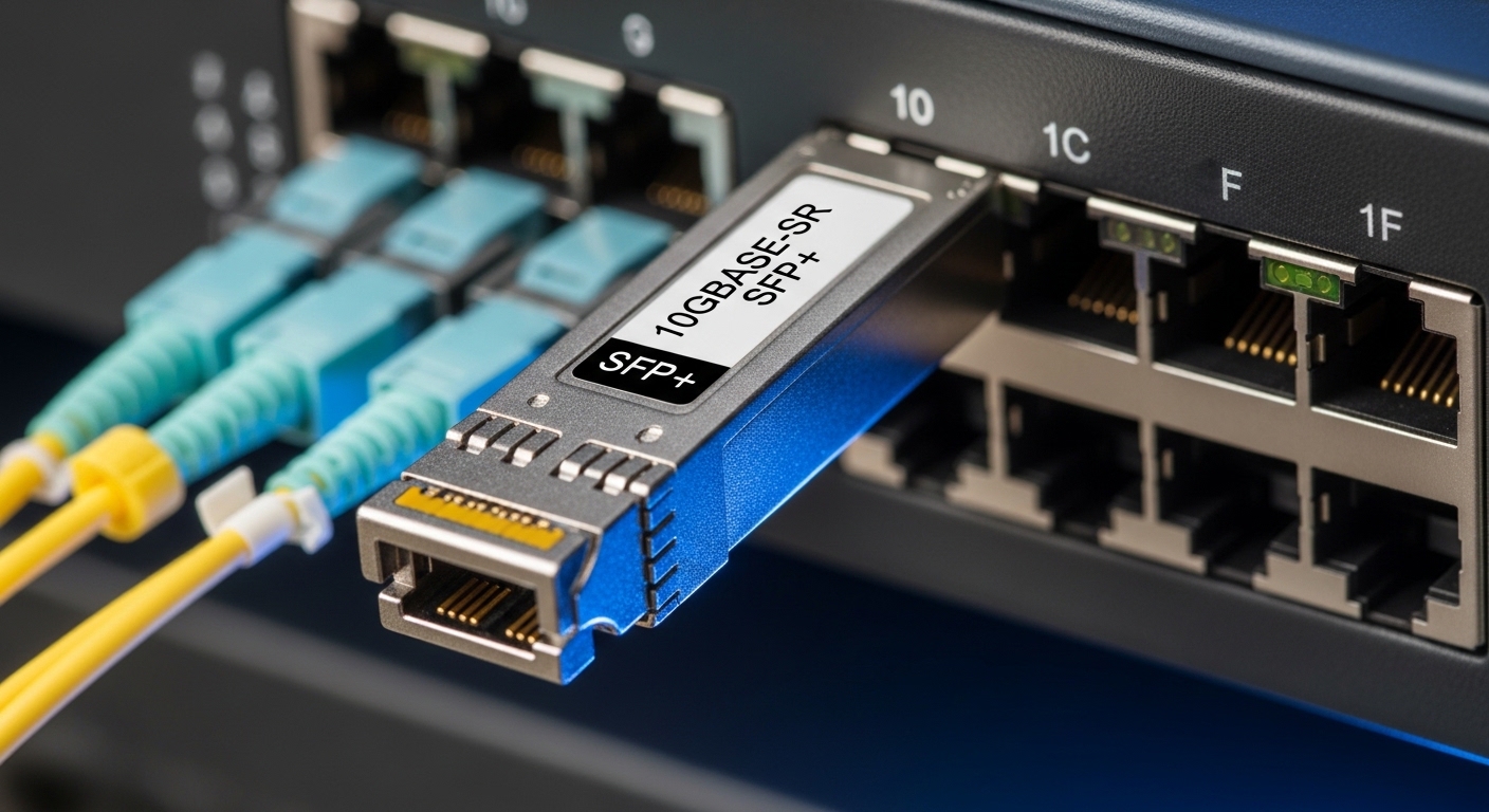 A macro, high-resolution photography shot of an SFP+ transceiver module partially inserted into a 10G switch port, with fiber