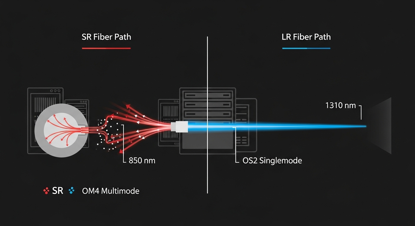 Clean vector illustration, split-screen comparison of SR and LR fiber paths: left side shows a short OM4 multimode run inside