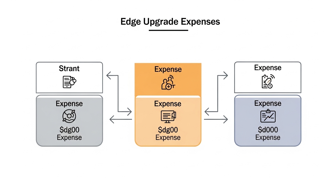 Clean vector illustration showing a cost flow diagram for edge upgrade expenses: transceiver purchase, fiber re-termination, 