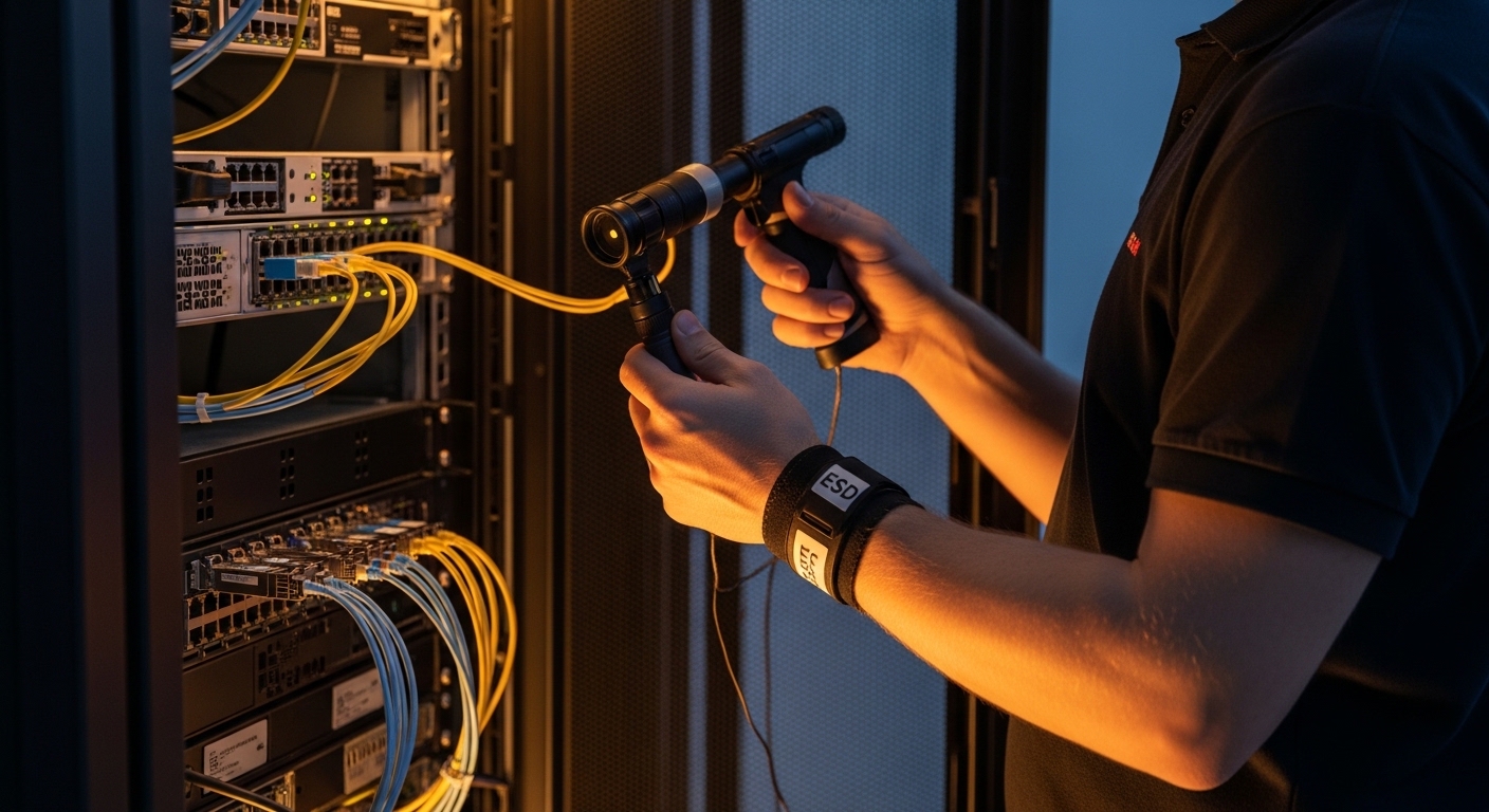 Lifestyle scene in a server room at dusk: a field engineer wearing an ESD wrist strap holds a fiber scope while standing besi