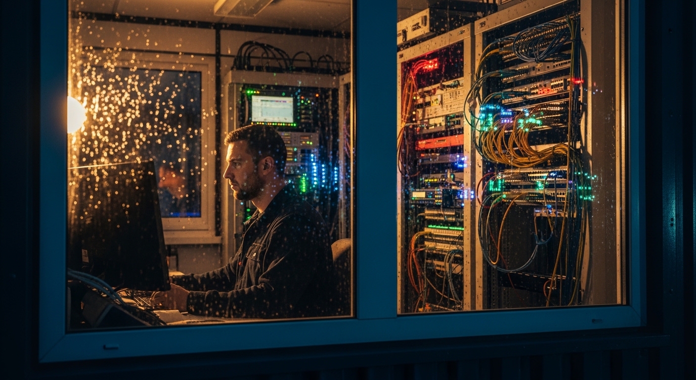 Moody lifestyle scene at dusk: a small edge site control room viewed through a window, LED status lights reflecting on glass,