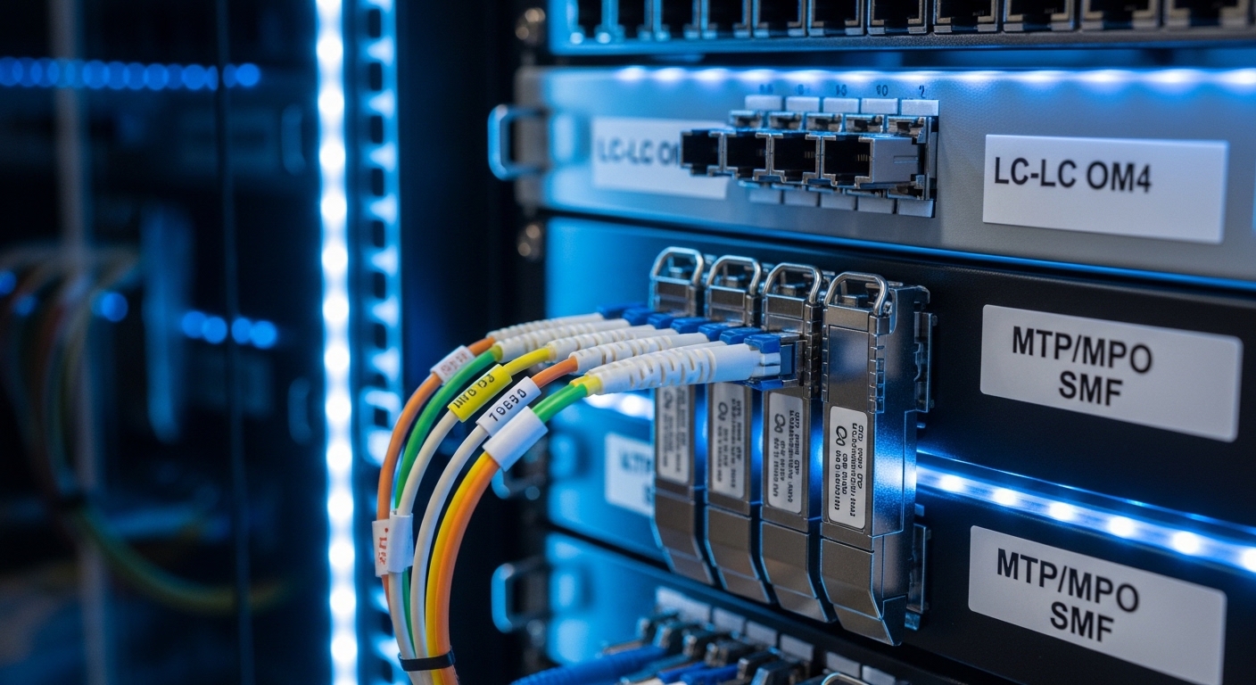 Photorealistic shot of a telecom rack in a modern data center, close-up of an SFP and QSFP transceiver bay with fiber patch c