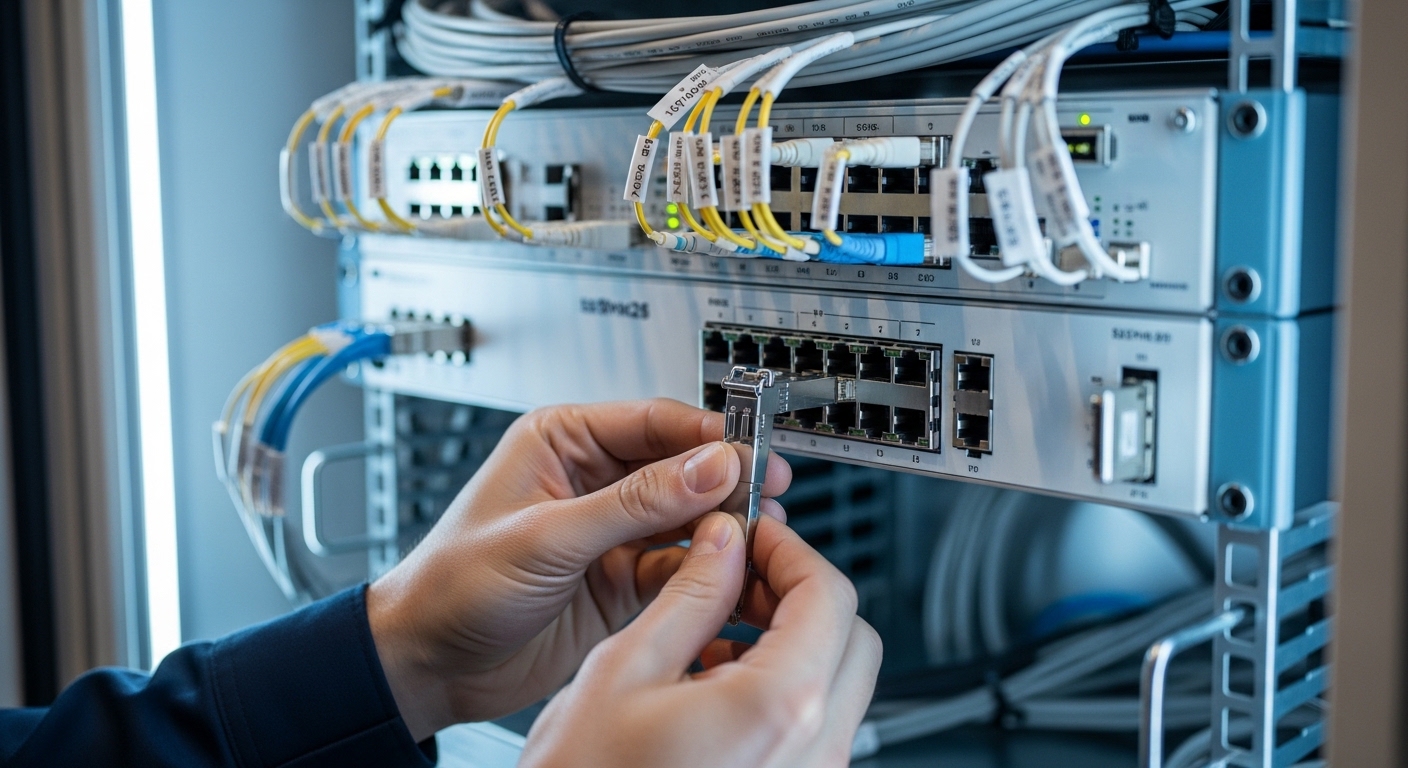 A high-resolution photography scene inside a small edge site cabinet: a rack with an industrial switch, visible SFP+ and SFP2
