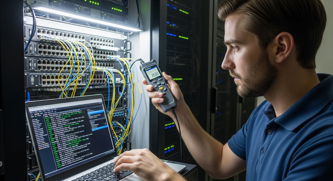 Photorealistic scene of a network engineer in a server room under cool white LED lighting, holding a handheld optical power m