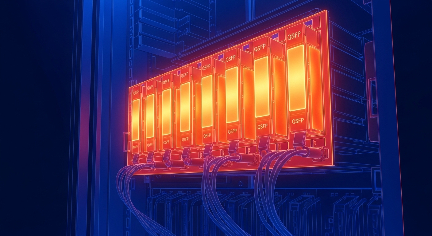 Concept art illustration showing a data center rack as a glowing thermal map overlay, with QSFP modules highlighted in orange