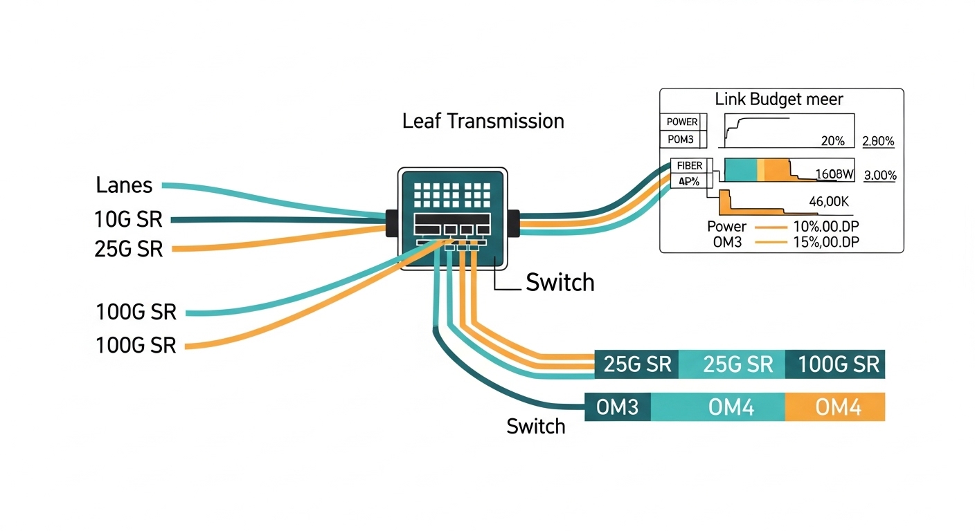 Clean vector illustration showing a network cabinet diagram: three lanes labeled 10G SR, 25G SR, and 100G SR feeding into a l