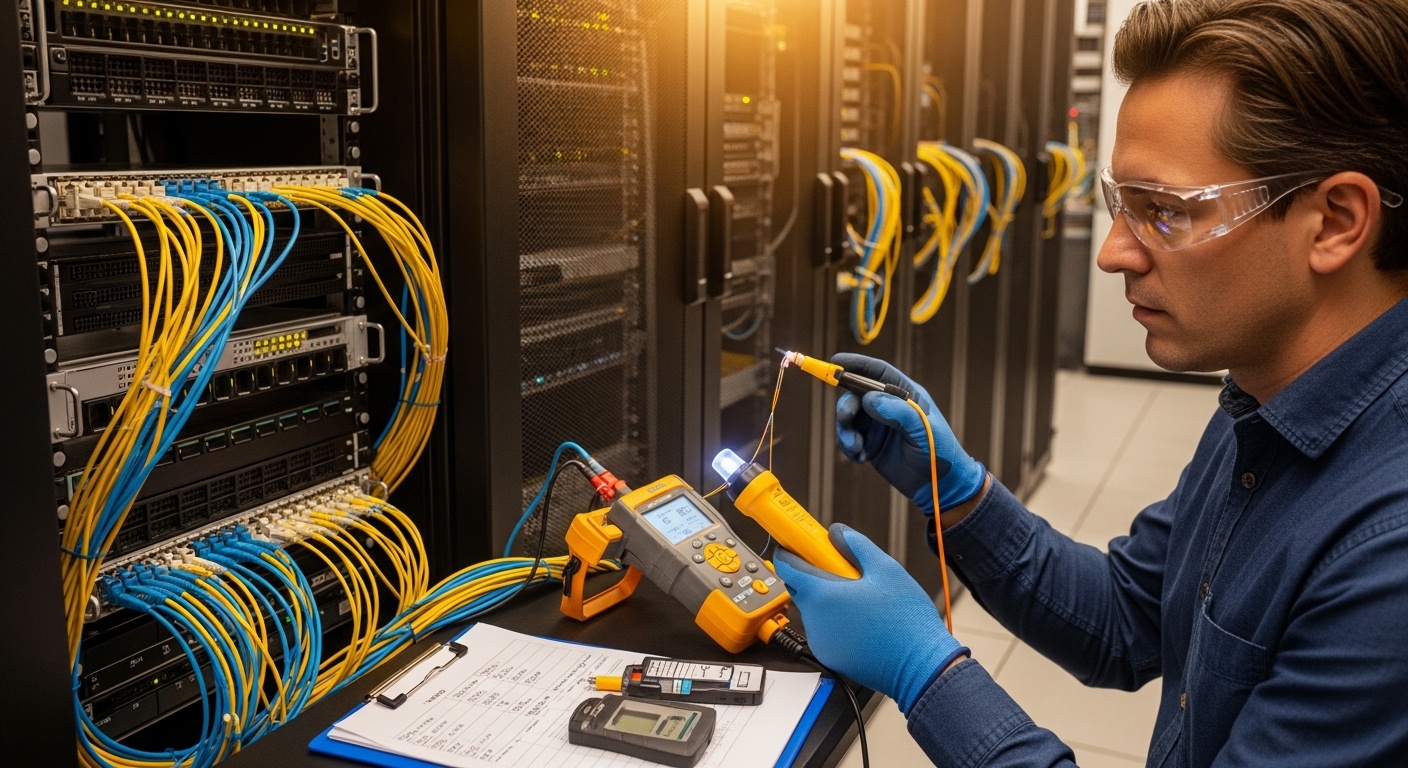 Lifestyle scene in a server room with a field engineer using a handheld optical power meter and light source, visible fiber p