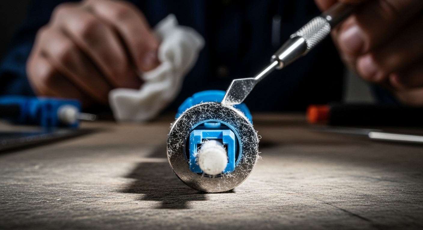 Macro-style conceptual photography of a fiber optic connector end-face on a workbench: visible dust contamination under magni