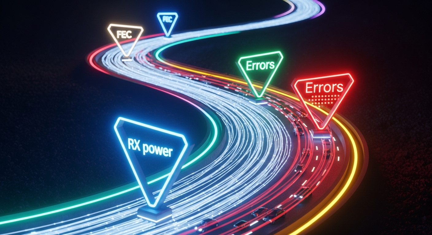 Concept art of a fiber optic link as a winding road at night, with glowing checkpoints labeled “RX power,” “FEC,” “errors,” a