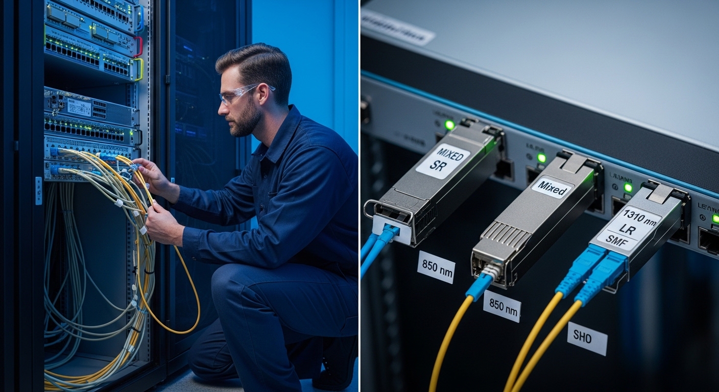 A photorealistic server room scene at blue hour: a network engineer in safety glasses kneels beside a 1U/2U switch rack, hold