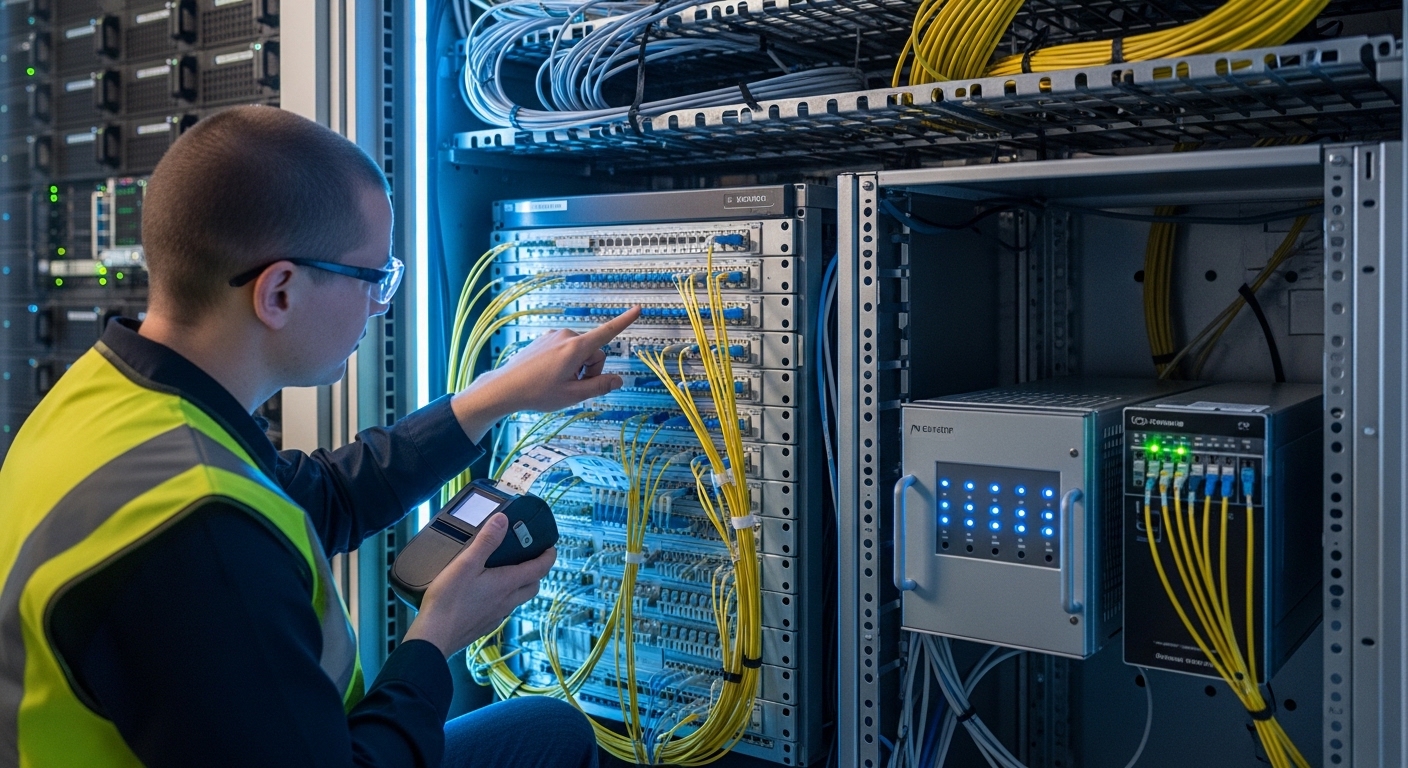 Photorealistic scene inside a modern data center row; a technician in high-visibility vest labels fiber patch panels with LC 
