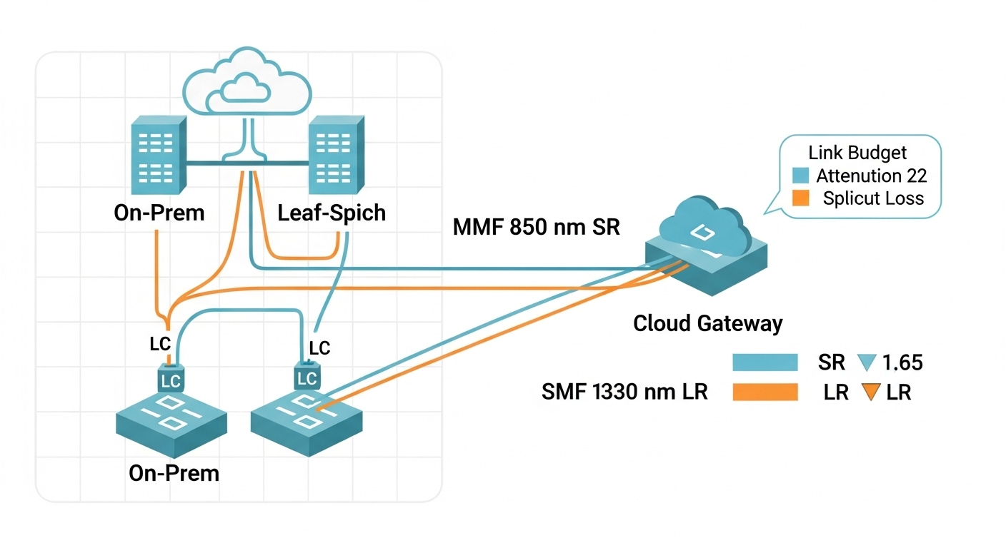 An illustrated network diagram in clean vector style: a multi-cloud topology with on-prem leaf-spine switches, a cloud gatewa