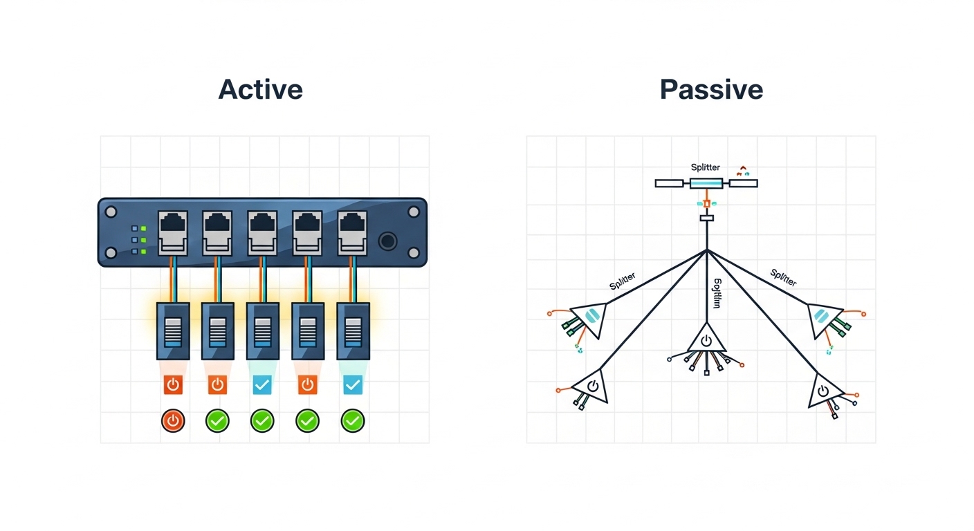 Conceptual illustration in vector style showing two side-by-side network diagrams; left side labeled “Active” with powered op
