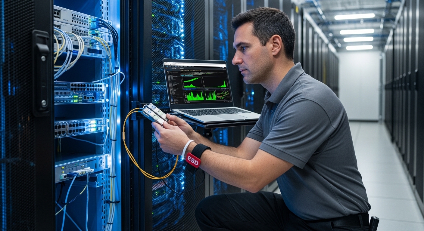 A realistic documentary-style photography scene inside a data center aisle: a field engineer wearing an ESD wrist strap kneel