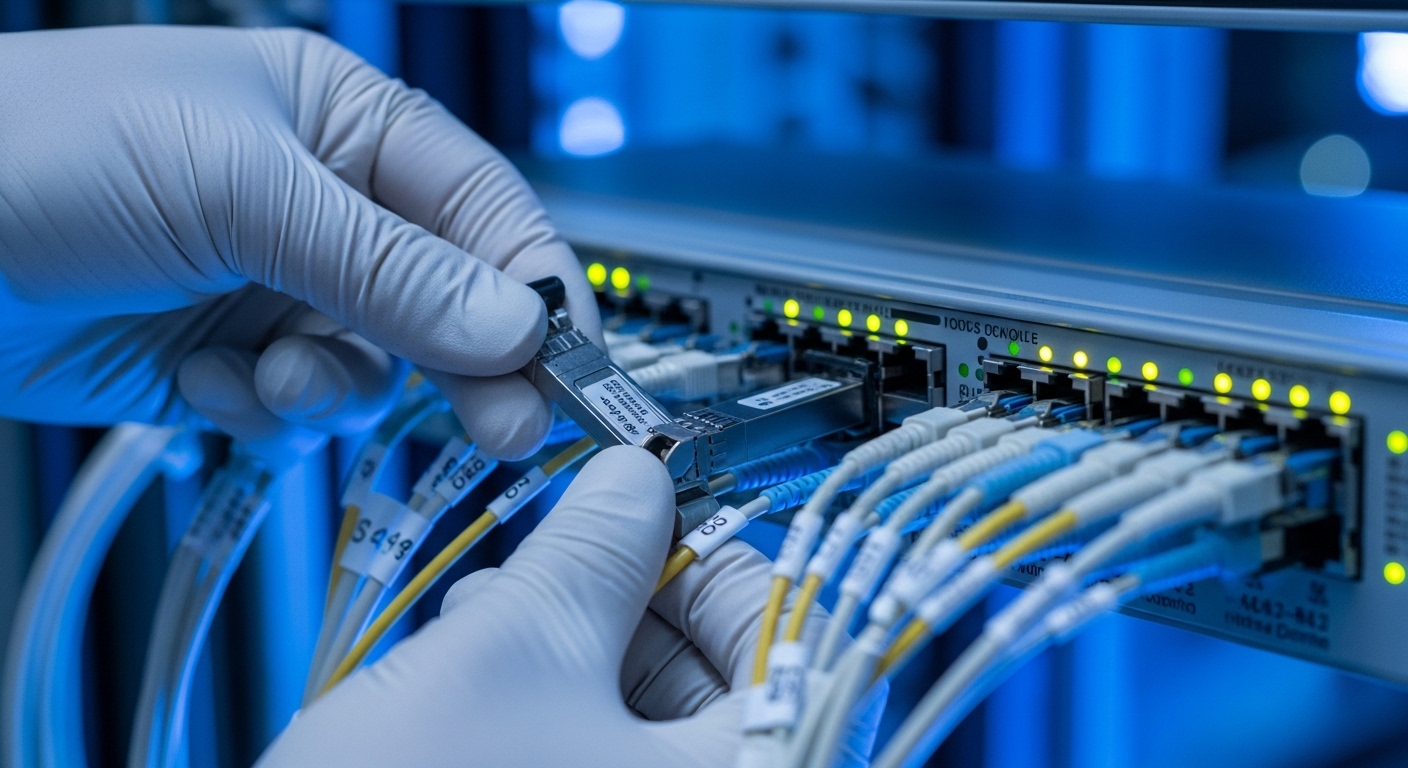 Photorealistic close-up of a data center rack, a technician in gloves removing an SFP+ optical transceiver from a switch port