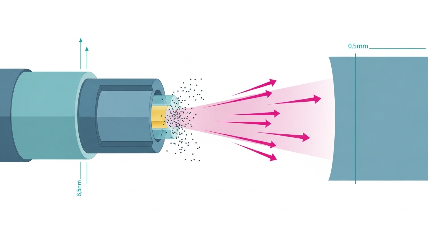 Clean-room style illustration concept art: a cross-sectional view of an LC connector tip showing dust particles on a fiber co