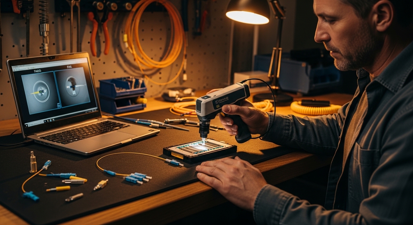 High-detail lifestyle scene with a portable fiber inspection tool: an engineer in a workshop using a handheld fiber endface m