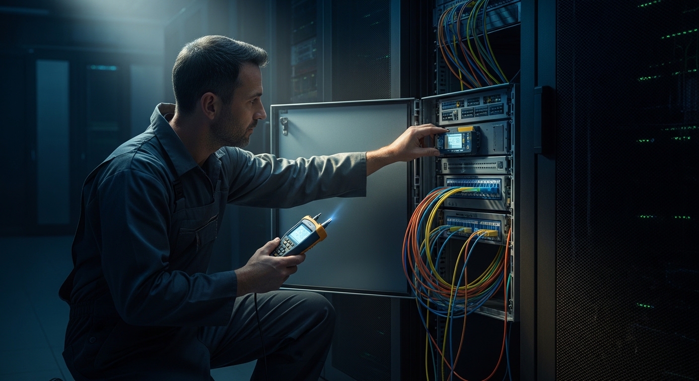 Concept art scene of a maintenance engineer kneeling beside an open fiber patch panel, holding a handheld optical power meter