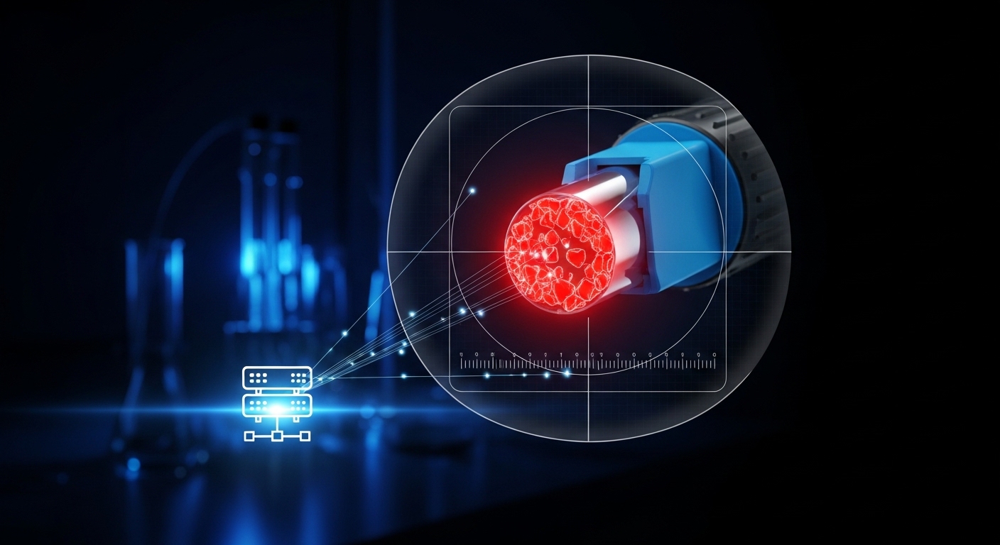Conceptual 3D render in a dark lab setting showing a fiber connector end-face with contamination particles highlighted in red