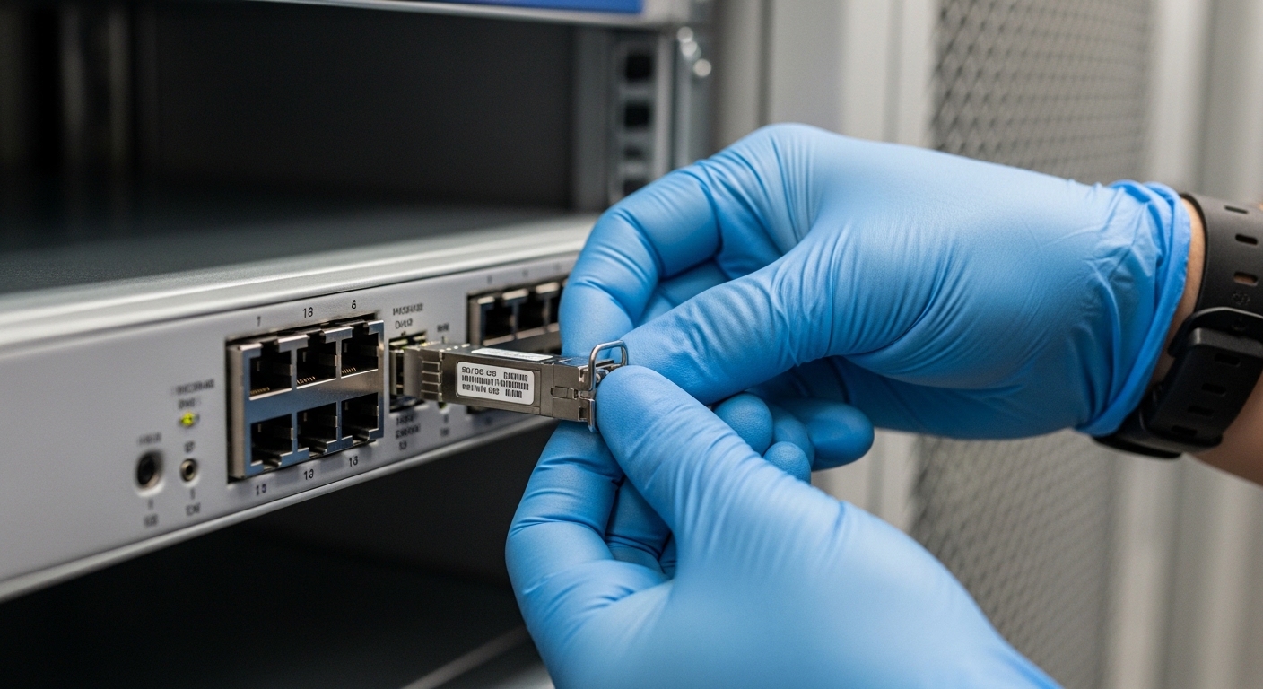 A macro photography scene of an open 19-inch rack row, showing a technician wearing ESD wrist strap swapping a QSFP28 transce