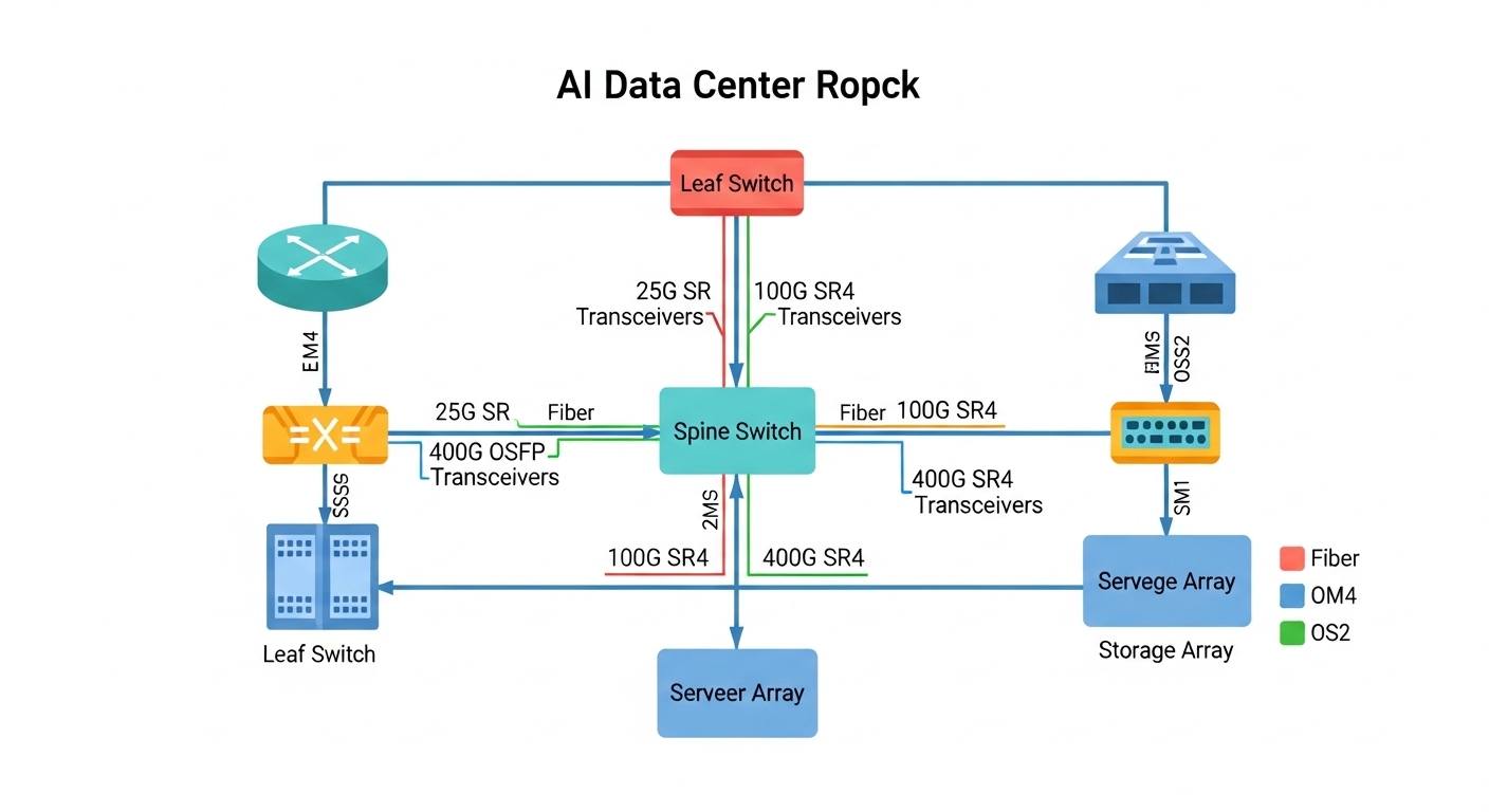 Clean vector illustration of an AI data center rack network diagram, showing leaf-spine topology with labeled links (25G SR, 