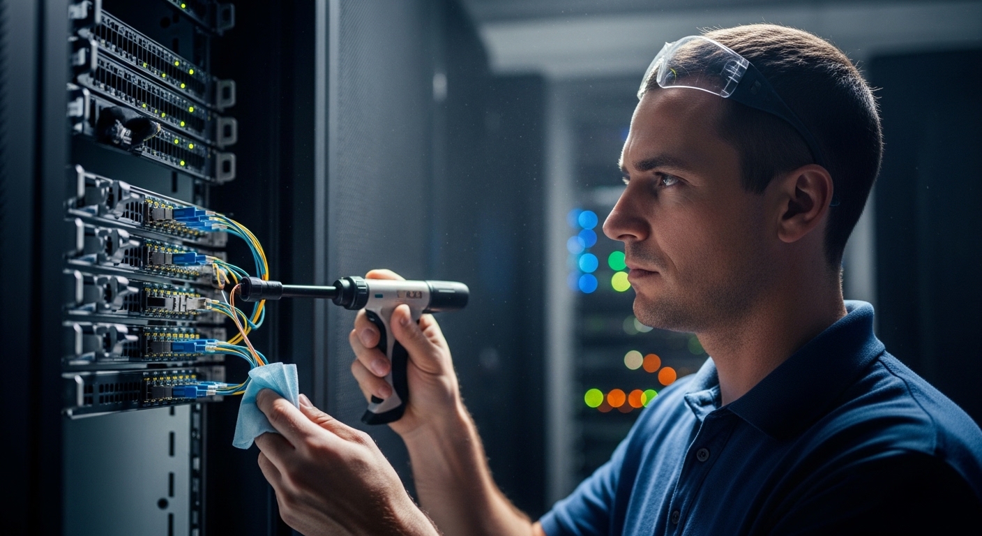 Photorealistic lifestyle scene inside a server room, showing a field engineer holding a fiber inspection scope and cleaning w
