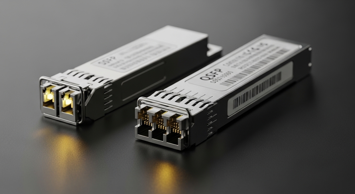 A high-resolution studio photograph of two telecom transceiver modules (one SFP, one QSFP) on a dark matte surface, macro lig