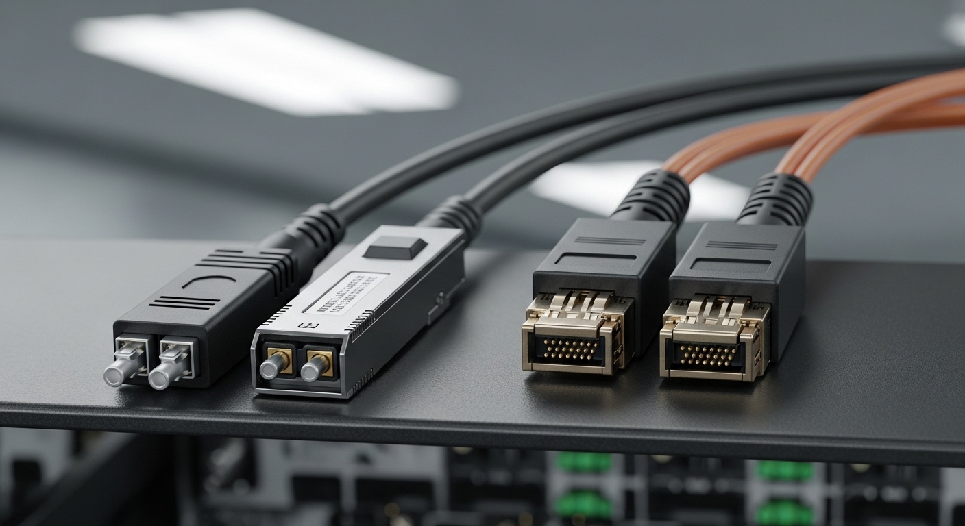 Photorealistic close-up of two different interconnect cables on a server rack edge: left side shows a black Active Optical Ca
