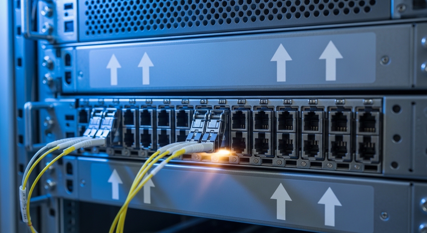Close-up photography inside a telecom server rack showing a row of pluggable optical transceivers with heat shimmer near the 