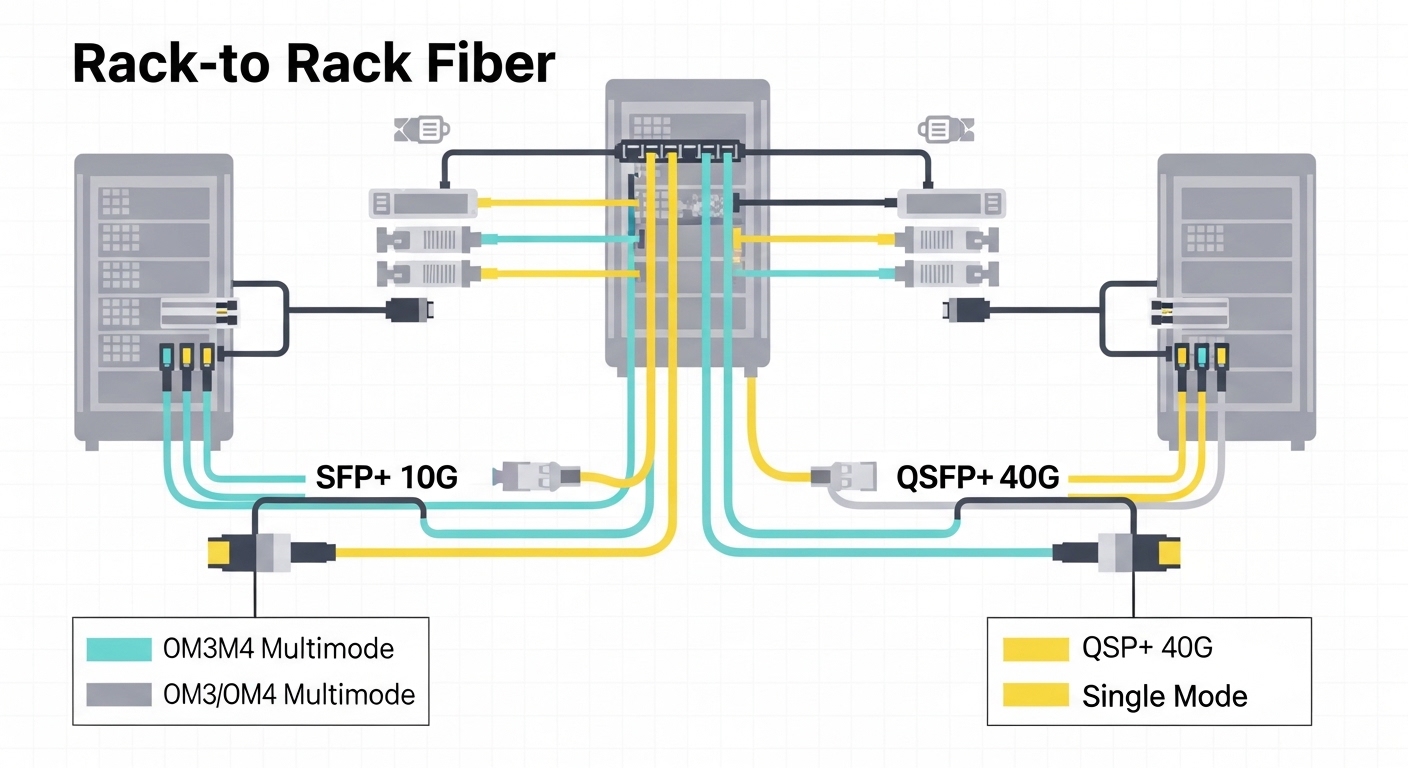 Clean vector illustration showing a rack-to-rack fiber topology map, with labeled SFP+ 10G links using LC connectors and QSFP