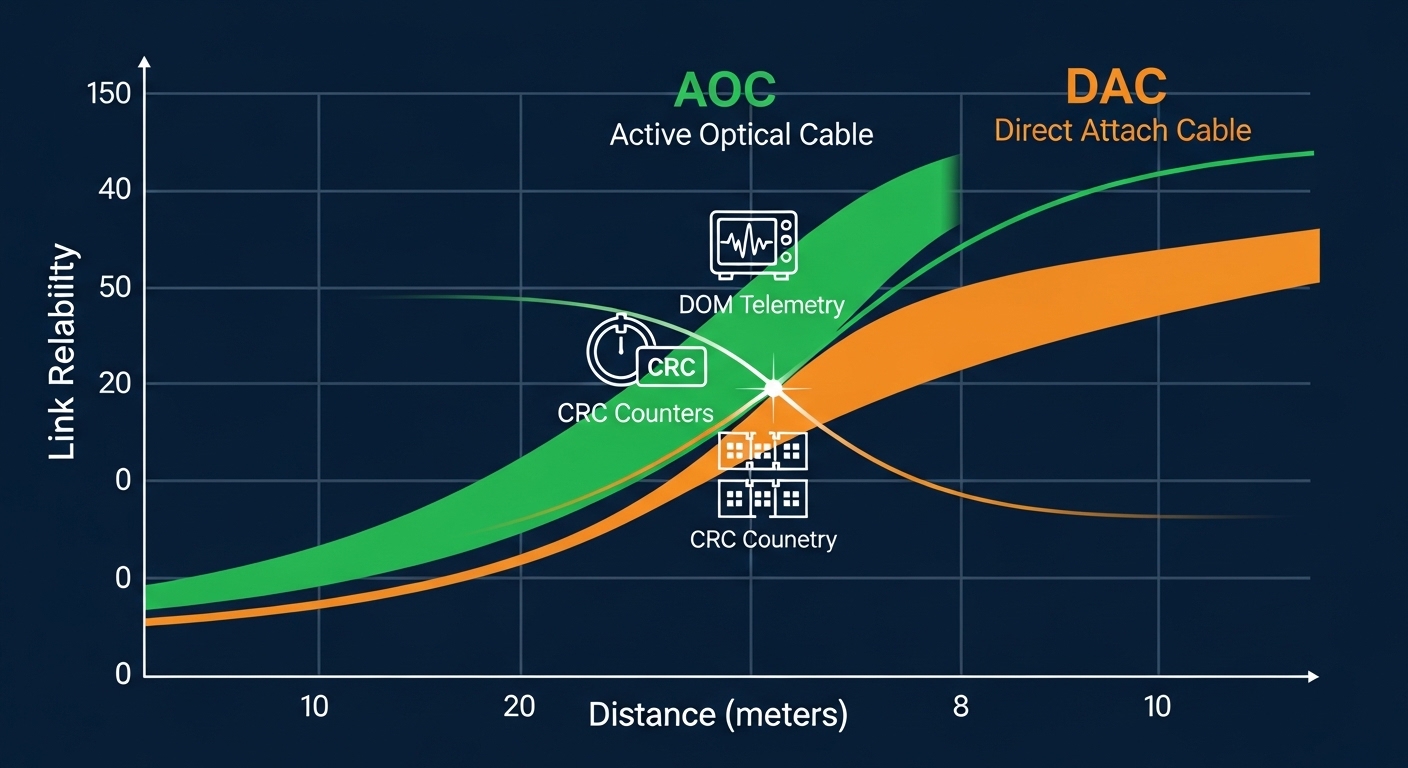 Conceptual illustration showing a decision graph for optical cabling: x-axis labeled distance meters, y-axis labeled link rel