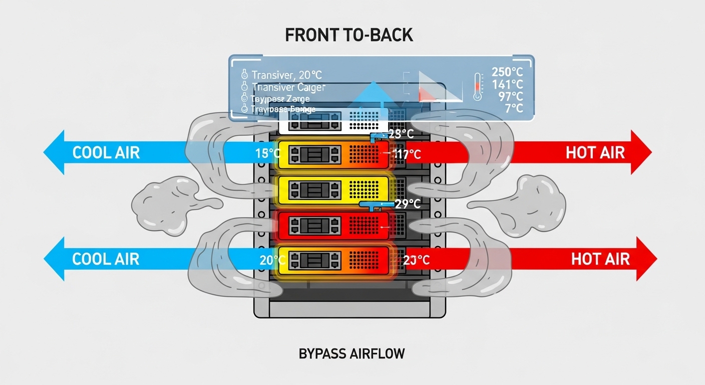 Concept illustration with clean vector style showing a rack with front-to-back airflow arrows, transceiver cages highlighted 
