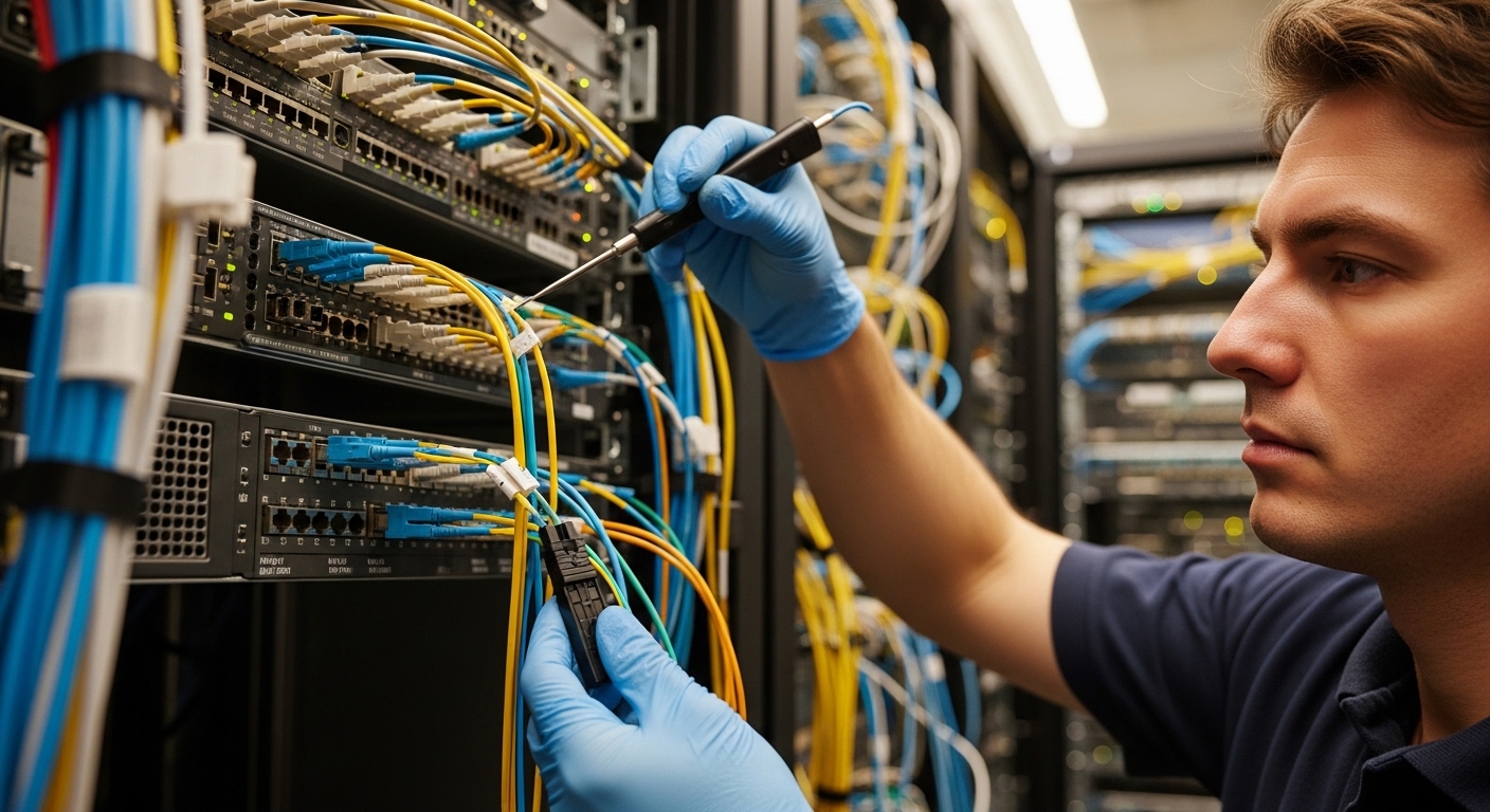 Photorealistic lifestyle scene of a network technician wearing ESD-safe gloves cleaning LC and MPO fiber connectors at a serv