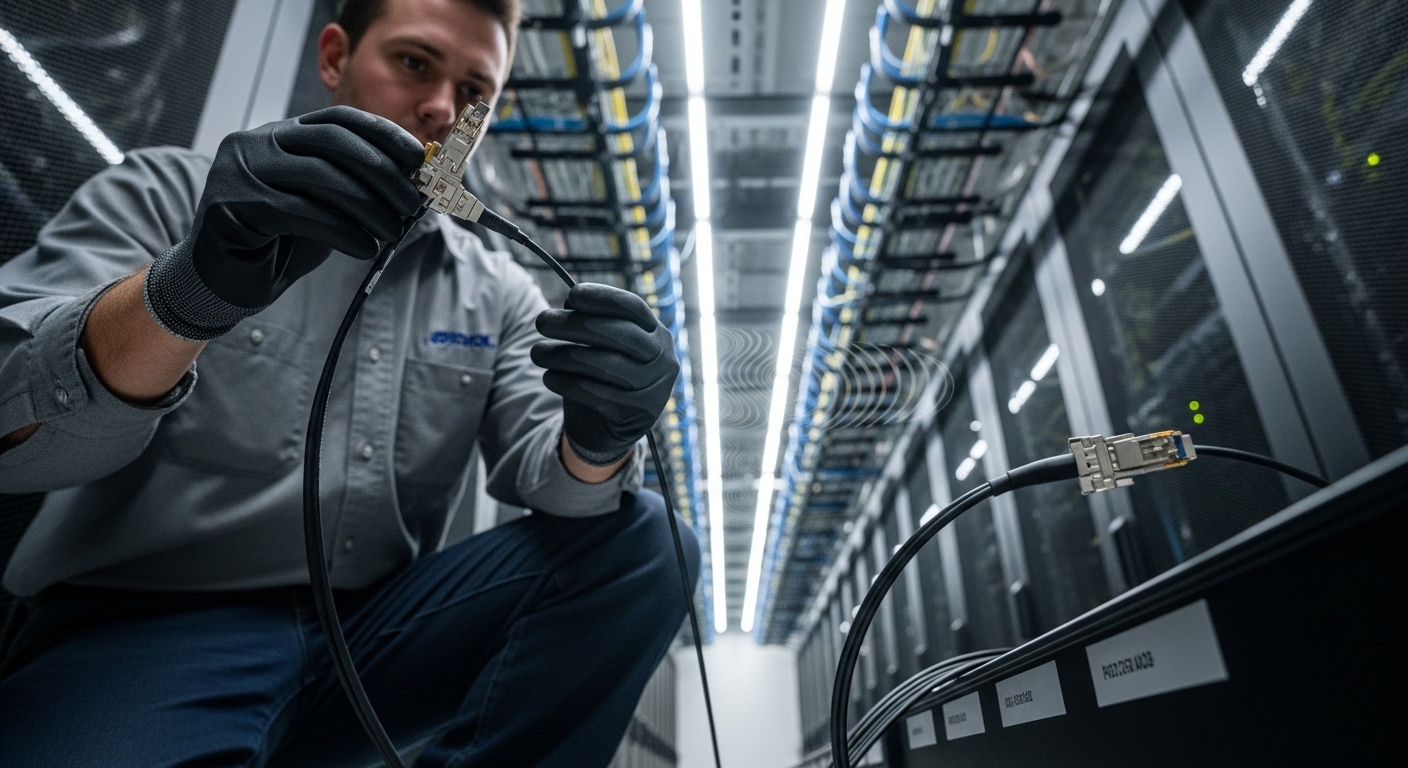 Lifestyle scene in a data center aisle: a field technician wearing ESD-safe gloves is holding a QSFP28 AOC cable while anothe