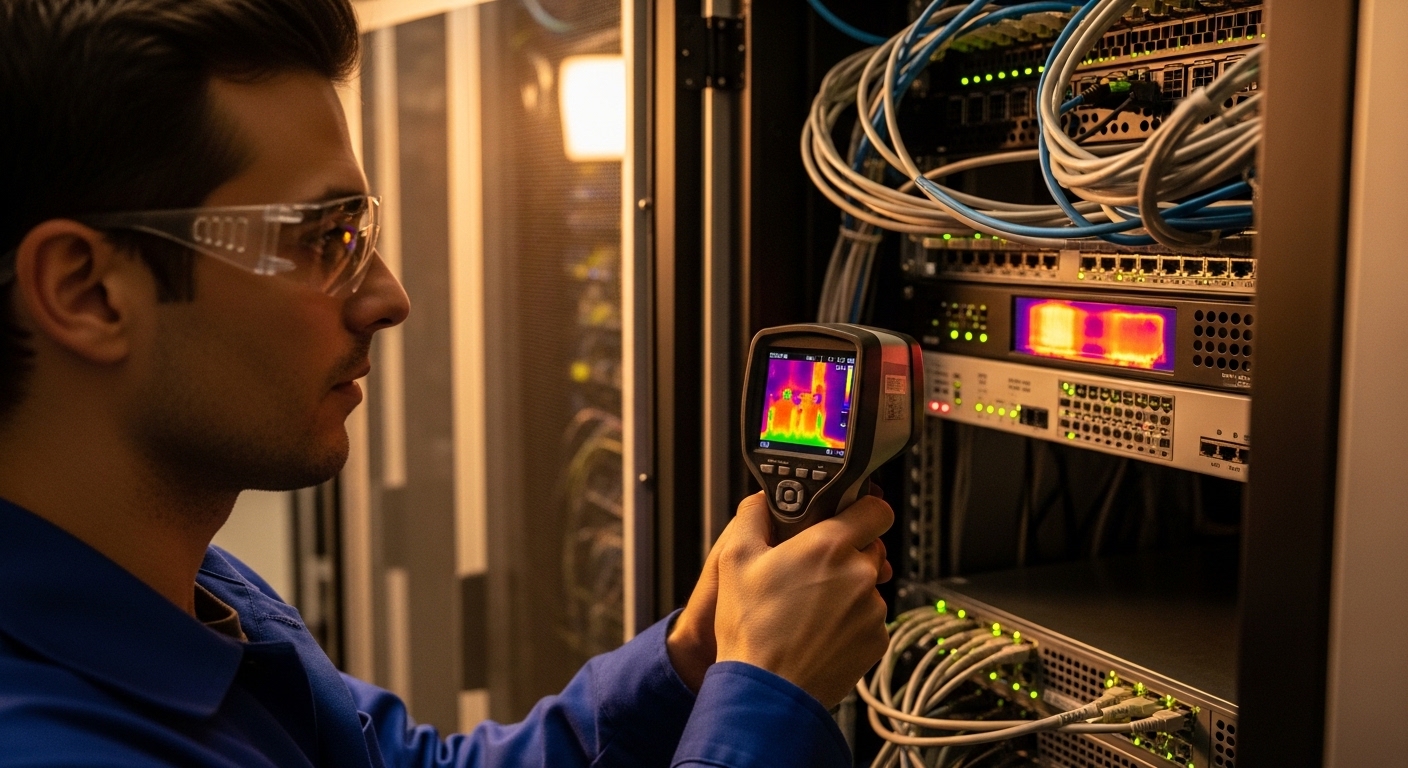 Photorealistic lifestyle scene in a server room: an engineer in safety glasses holds a thermal camera over a top-of-rack swit