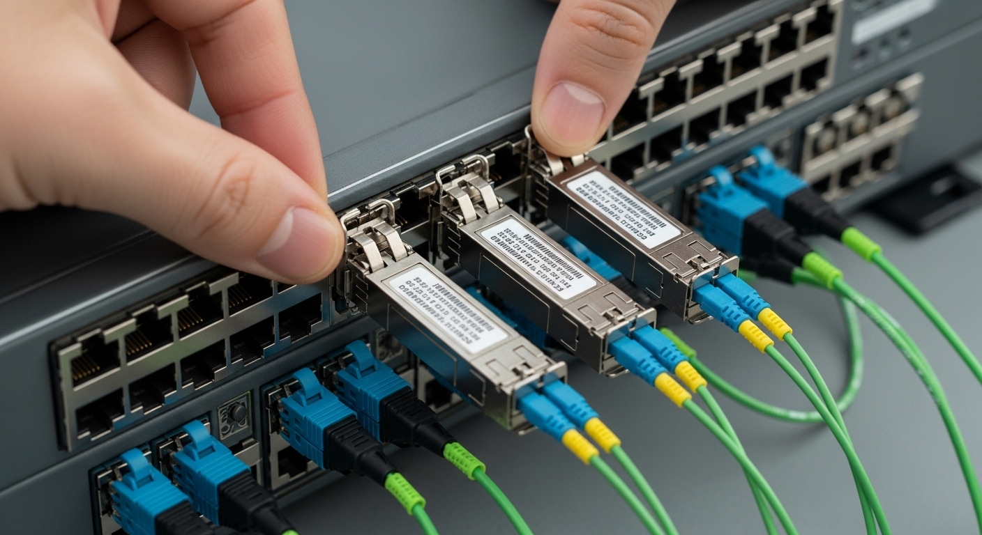 A close-up photography scene of two pluggable QSFP28 transceivers being inserted into a dense 1U leaf switch, showing fiber p