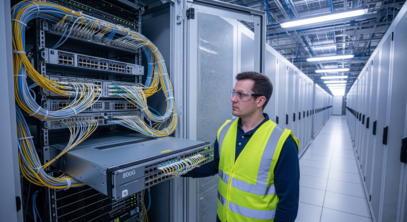 Photorealistic wide-angle shot of a modern enterprise data center cold aisle, engineer in a safety vest inspecting an open ra