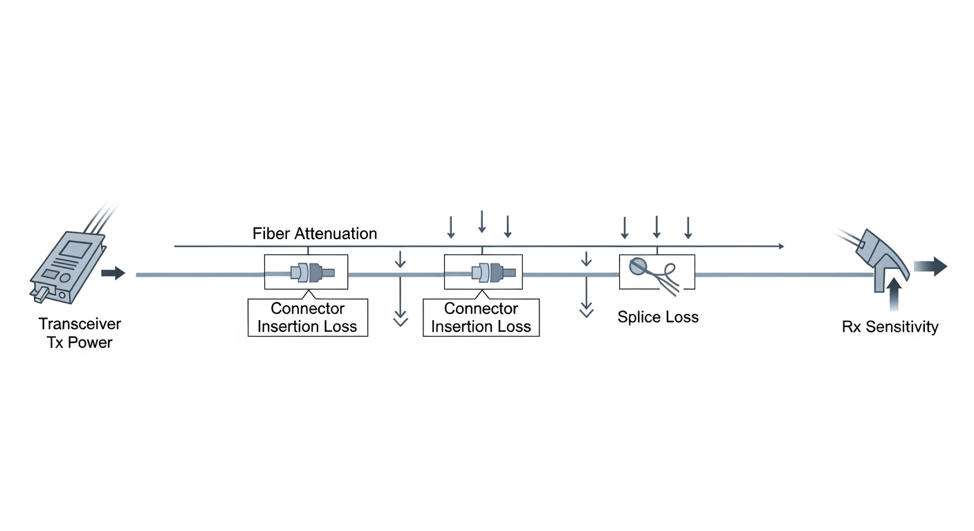 Infographic illustration showing a fiber link budget diagram with labeled blocks for transceiver Tx power, fiber attenuation,