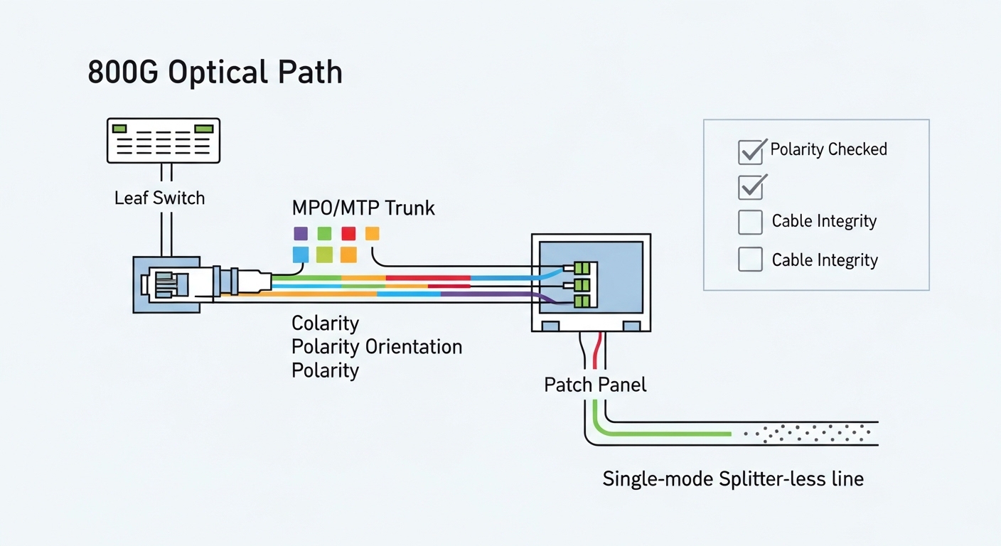 Clean vector illustration showing an 800G optical networking path diagram: leaf switch port to MPO/MTP trunk to patch panel t