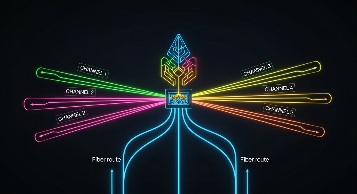 Stylized engineering illustration of a network diagram where a single fiber route branches into multiple spatial channels, ea