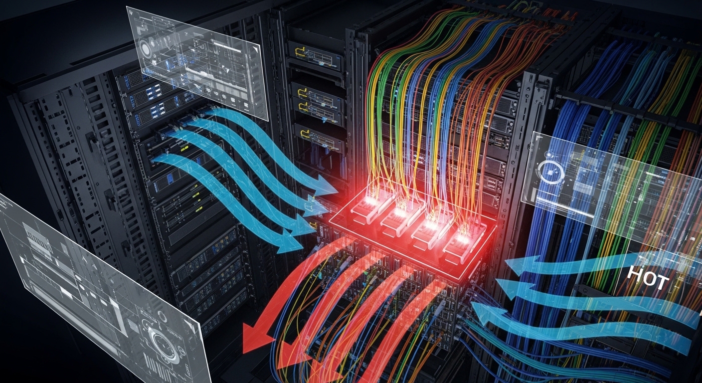 Concept art style scene of a rack “top-down” view with colored airflow arrows, power rails, and fiber trunks; a glowing overl