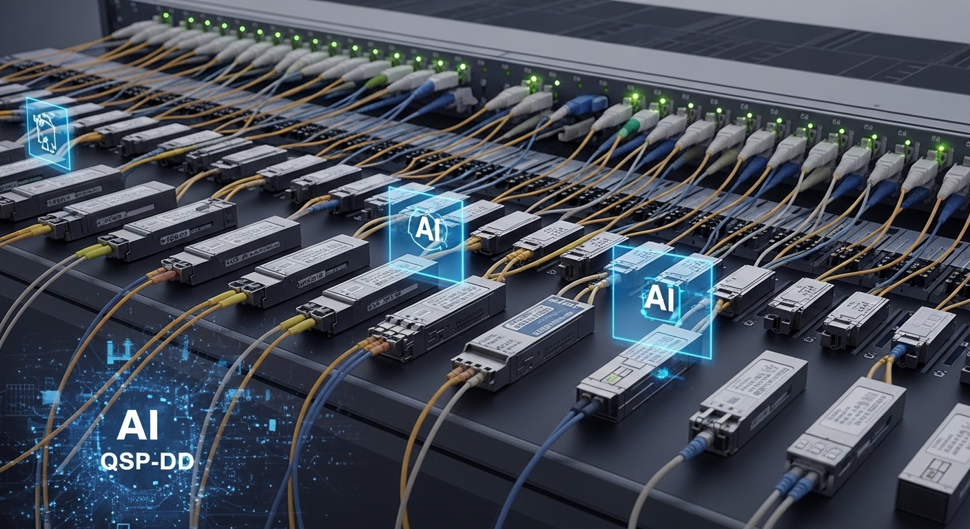 Professional product photography of AI optical networking, The Impact of AI on Optical Networking and Transceiver Selection, 
