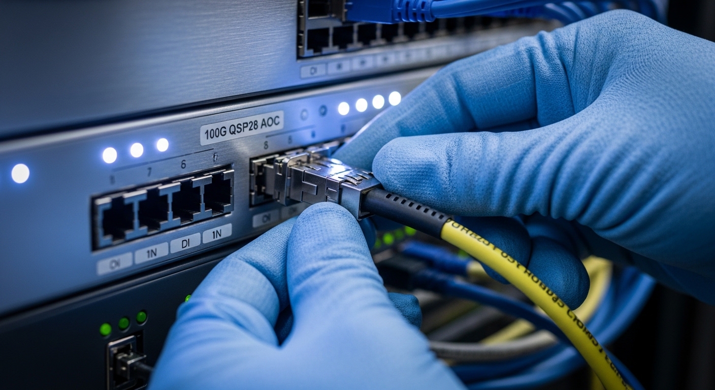 A close-up, high-resolution photography scene inside a server rack: a technician’s gloved hands inserting a 100G QSFP28 AOC c