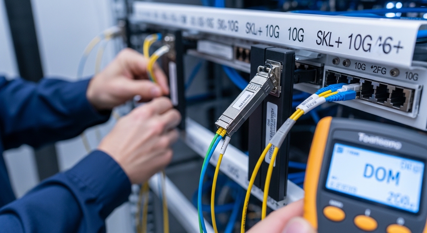 A realistic photography scene inside a modern data center row, close-up of a technician labeling fiber patch cords next to tw