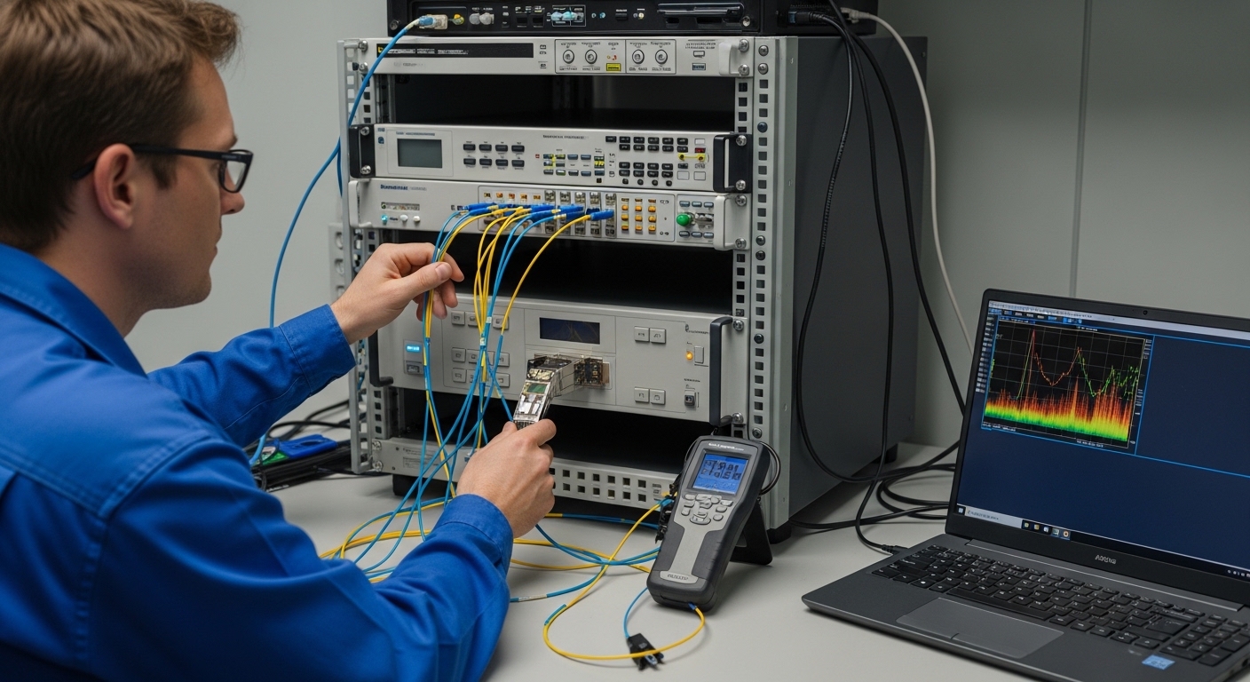High-resolution documentary photography of a telecom field technician in a fiber hut inspecting a rack-mounted coherent trans
