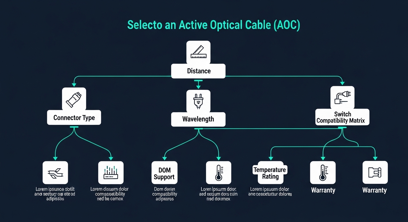 An infographic-style illustration showing a decision tree for selecting an AOC: labeled nodes for distance, connector type, w