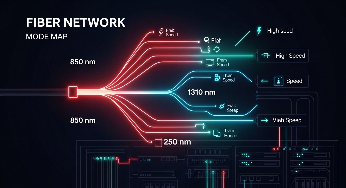 Concept art illustration of a fiber network “mode map” overlaying a rack diagram; glowing wavelength bands (850 nm and 1310 n