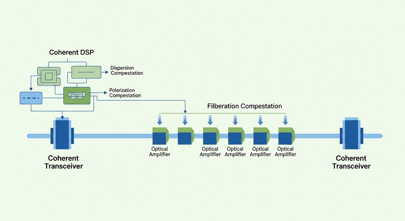 Clean vector illustration showing a DWDM line system with coherent transceivers at both ends, inline optical amplifiers, and 