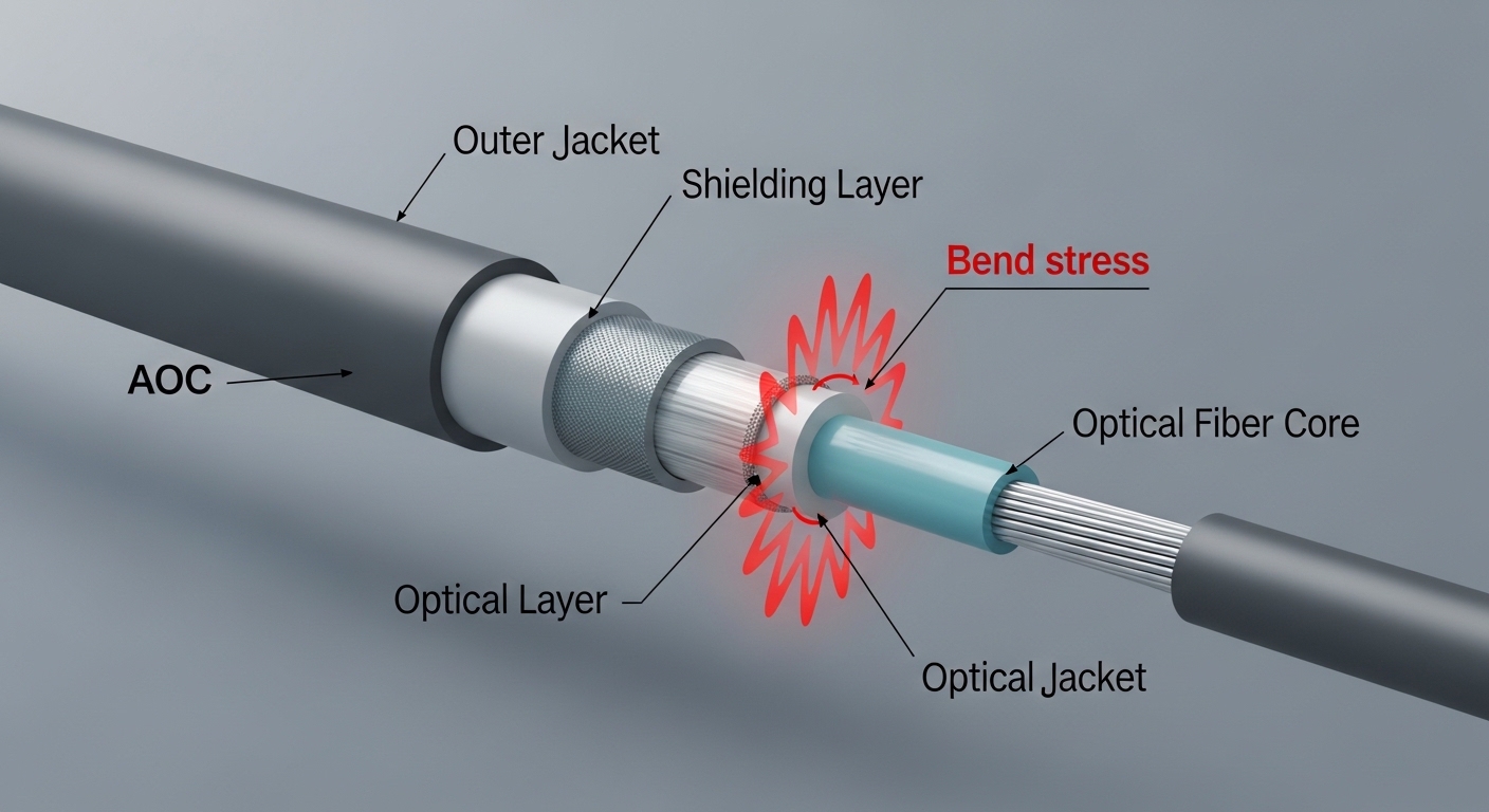 Conceptual 3D render in a semi-realistic style: a cross-section view of an AOC cable with labeled layers (jacket, optical fib