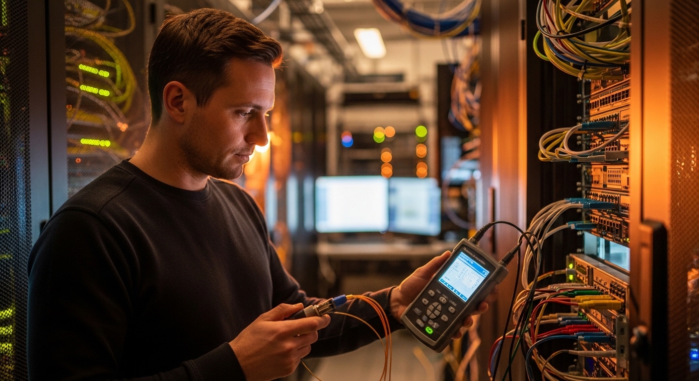 Lifestyle photography scene of an engineer in a server room at dusk, holding a fiber cleaning kit and a DOM-capable transceiv